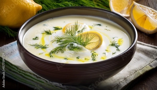 Fototapeta creamy greek avgolemono soup recipe with lemon and dill