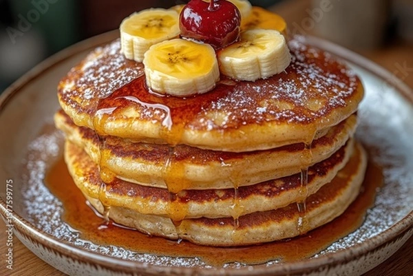Fototapeta Delicious Stack of Pancakes with Banana and Cherry Garnish
