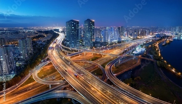 Fototapeta aerial view of illuminated highway interchange and cityscape at night with urban buildings in the background