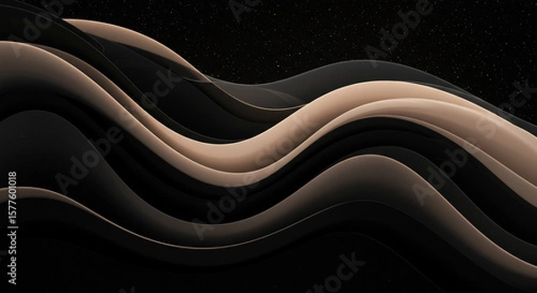 Fototapeta Abstract background of flowing, layered lines in black and beige. A captivating abstract image featuring layered, flowing lines in shades of black and beige against a deep black backdrop.
