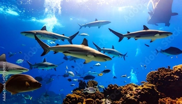Fototapeta Underwater coral reef teeming with sharks and fish