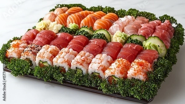 Fototapeta Sushi platter arrangement with fish and vegetables on a tray
