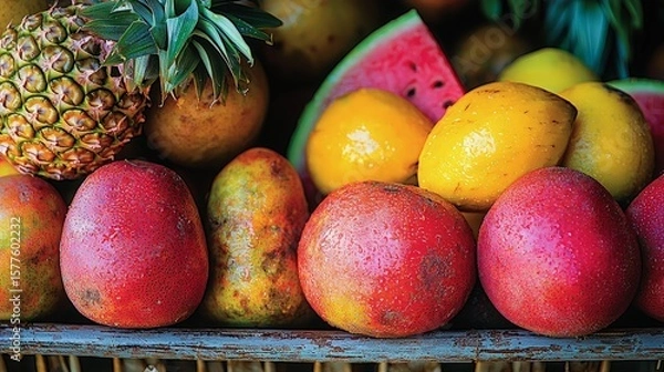 Fototapeta Tropical fruits display vibrant colors on rustic wooden surface