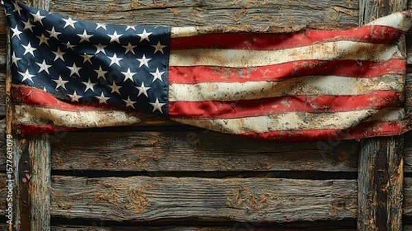 Fototapeta Worn American flag against weathered wooden background
