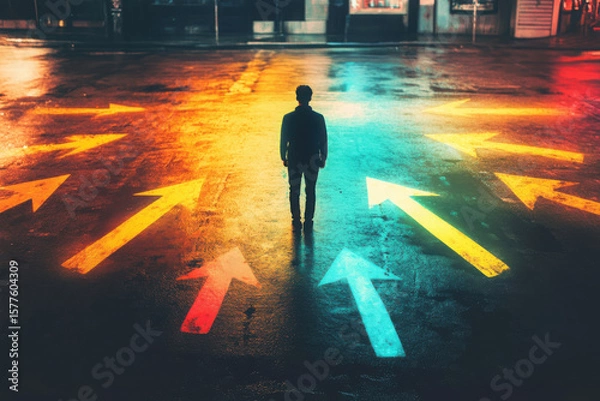 Fototapeta Man standing on wet street with colorful arrows pointing in different directions illuminated at night abstract concept Copy space