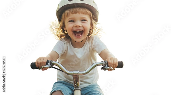 Fototapeta A joyful toddler wearing a helmet rides a bicycle, smiling widely with excitement and enthusiasm.