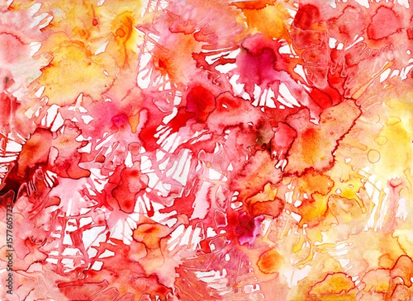 Fototapeta Spotted red yellow watercolor abstract textured pattern with spots, spatter and splash effect. Wrapping paper, package, packaging, printing.