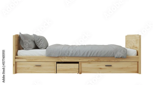 Fototapeta A wooden single bed frame with two under-bed drawers, equipped with a gray blanket and two pillows.