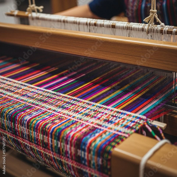 Obraz Handweaving colorful threads on loom, face not shown