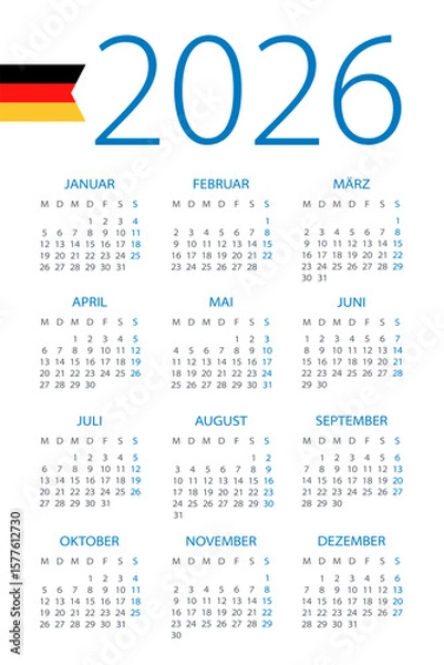Obraz Calendar 2026 - illustration. German version. Week starts on Monday