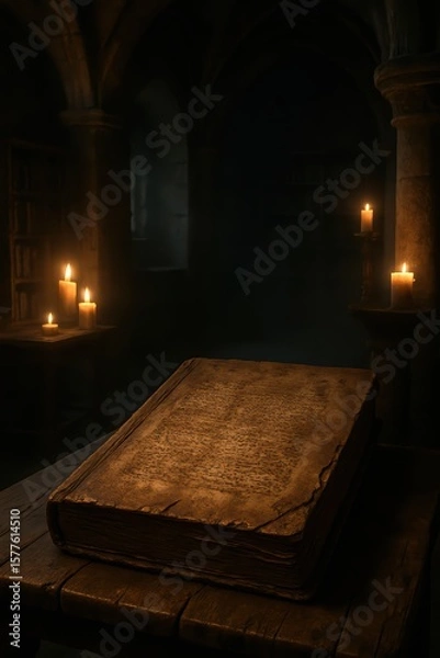 Fototapeta Ancient, weathered book illuminated by flickering candlelight in a dimly lit, atmospheric library setting.