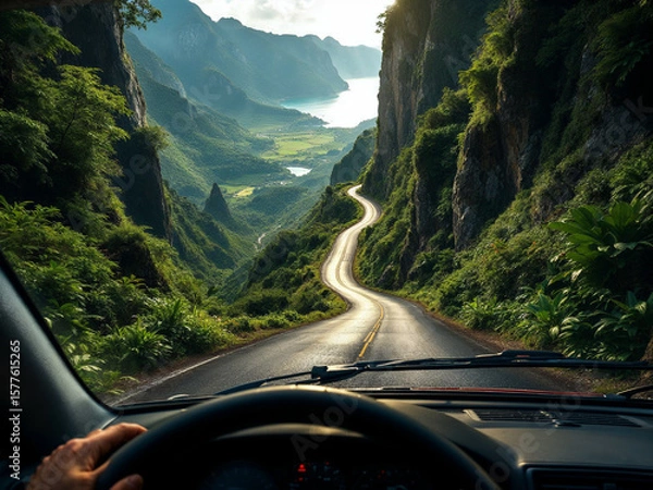 Fototapeta An AI generated image of a breathtaking view from inside a car driving along a winding mountain road surrounded by lush greenery and steep cliffs