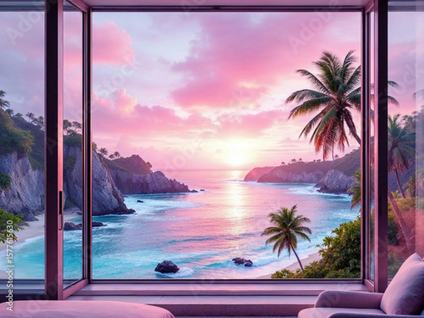 Fototapeta An AI generated image of a breathtaking sunrise view seen through an open wooden window from a cozy bedroom