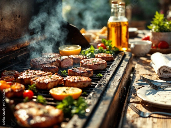 Fototapeta An AI generated mouthwatering outdoor barbecue scene featuring a variety of grilled meats, including steaks and pork chops, sizzling on a smoking hot grill. 