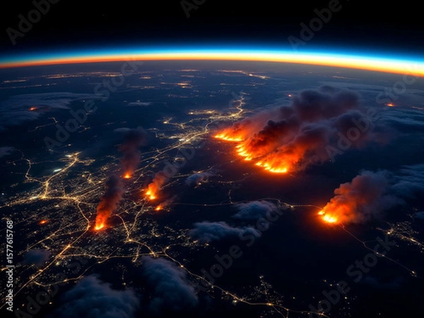 Obraz An AI generated dramatic satellite view of large-scale wildfires burning across a vast landscape at night, with glowing flames and thick smoke rising into the atmosphere