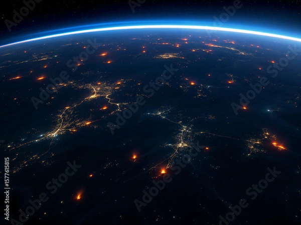 Fototapeta An AI generated dramatic satellite view of large-scale wildfires burning across a vast landscape at night, with glowing flames and thick smoke rising into the atmosphere