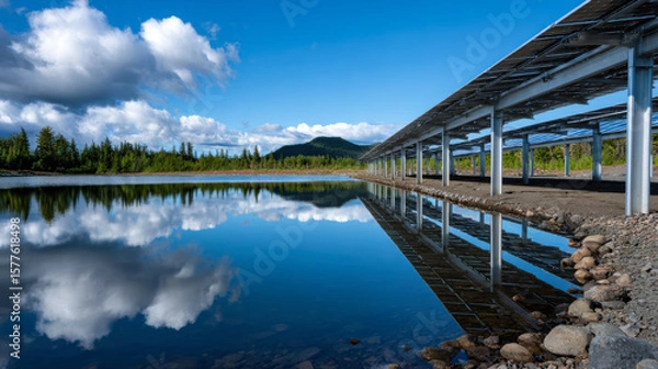 Fototapeta Solar farm next to lake reflects panels and clouds, showcasing serene landscape with mountains in background