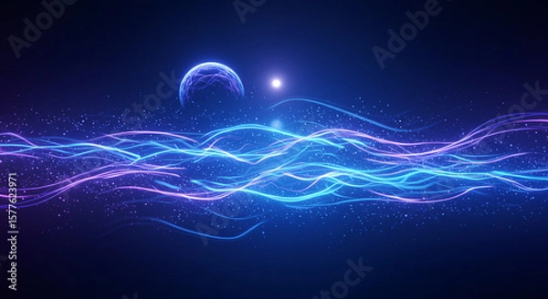 Fototapeta Abstract Cosmic Waves with Planets. A captivating, futuristic abstract image showcasing swirling, luminous blue and purple energy waves that undulate across a dark cosmic background.