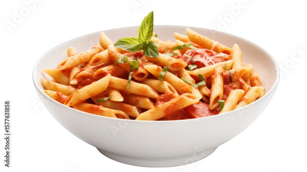 Obraz Delightful penne pasta with tomato sauce and basil in a white bowl provides a tasteful culinary presentation on a transparent background.