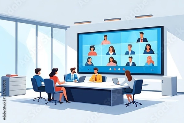 Obraz Modern Business Team Collaborating in a Conference Room Using Video Conferencing Technology for a Remote Meeting with Multiple Participants Across Various Locations