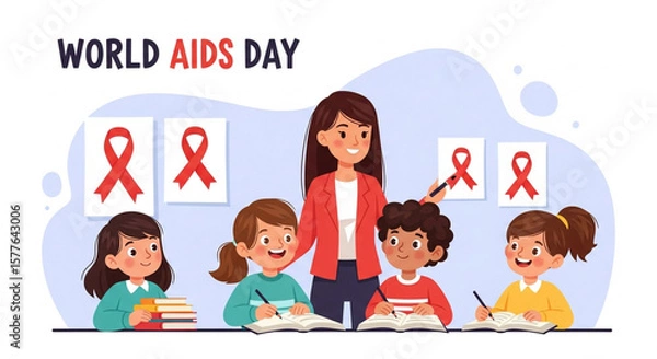 Obraz "A symbolic image representing AIDS awareness with red ribbons, medical icons, and hopeful imagery to promote education and compassion."

