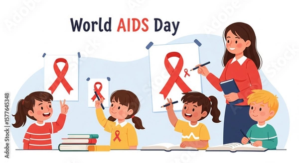 Obraz "A symbolic image representing AIDS awareness with red ribbons, medical icons, and hopeful imagery to promote education and compassion."

