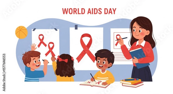 Obraz "A symbolic image representing AIDS awareness with red ribbons, medical icons, and hopeful imagery to promote education and compassion."

