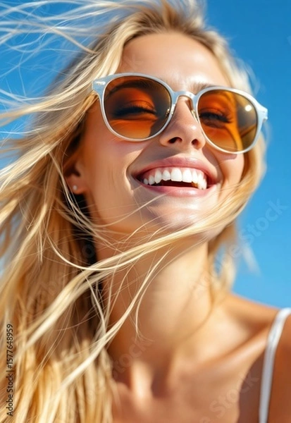 Fototapeta Close-up portrait of a happy smiling blonde woman in sunglasses on a sunny day.