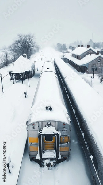 Fototapeta Snow-covered passenger train at a rural station on a foggy winter day, surrounded by rooftops blanketed in white.
