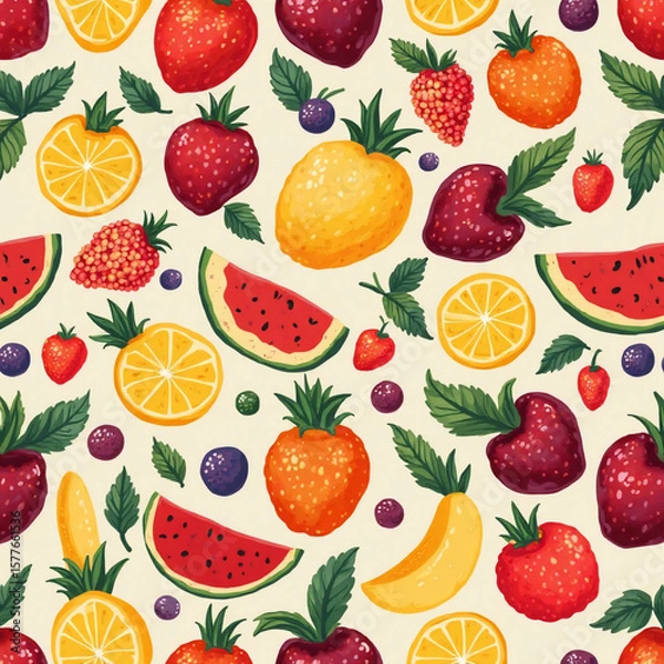 Fototapeta Vibrant summer fruit pattern features strawberries, pineapples, watermelons, oranges, and blueberries with green leaves scattered throughout, perfect for backgrounds and textile designs adding a color