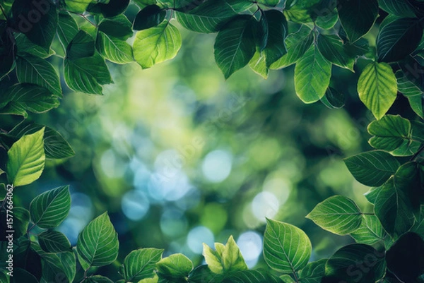 Fototapeta Lush natural frame with vibrant green leaves surrounding softly blurred background, fresh and organic composition. For eco-friendly branding, wellness, environmental concepts, nature-inspired designs