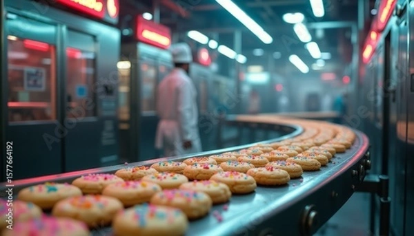 Fototapeta Cookies Conveyor Belt in a Modern Bakery