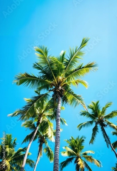Fototapeta Tropical coconut palm tree canopy from a low angle view in summer.