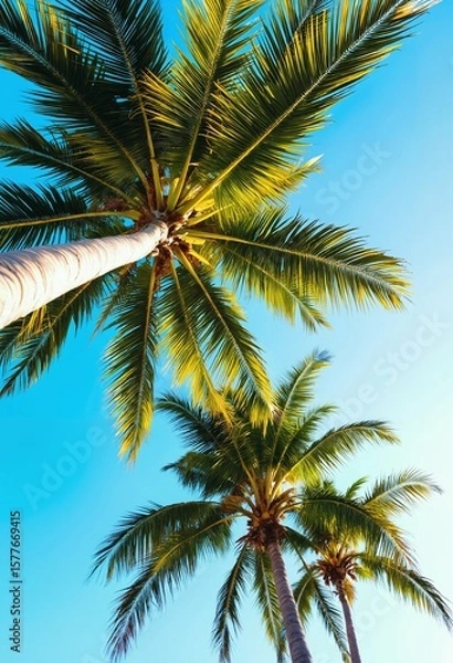 Fototapeta Tropical coconut palm tree canopy from a low angle view in summer.