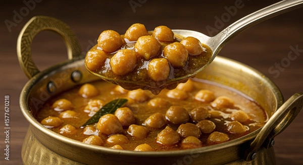 Obraz Chickpea curry in brass pot with spoonful of spicy, rich, and flavorful sauce, showcasing traditional Indian dish with vibrant colors and hearty texture