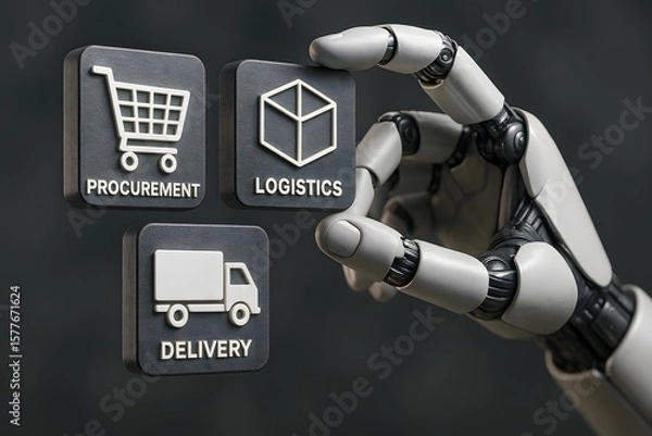 Fototapeta A Robotic hand interacts with a series of icons representing various aspects of supply chain management, embodying concepts of automation and modern industry in a sleek, high-tech environment.
