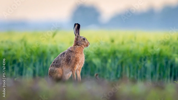 Obraz European hare in golden plant background – shallow depth of field