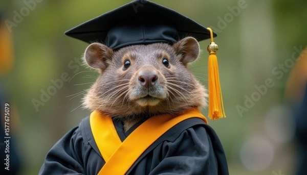 Fototapeta Capybara in graduation cap gown on campus