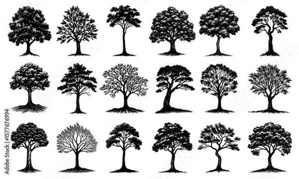 Fototapeta Collection of tree silhouettes in a hand-drawn ink style, black on white
