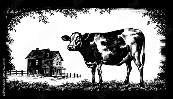 Fototapeta Cow in standing before a farmhouse, representing agriculture and rural life, framed by branches