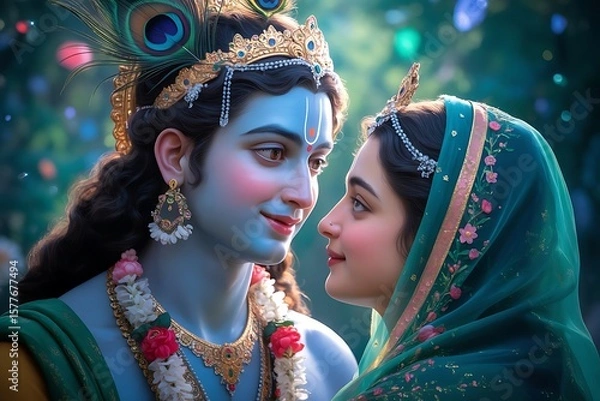 Obraz Divine embrace of lord krishna and radha in a lush garden with soft bokeh lights and peacock feathers
