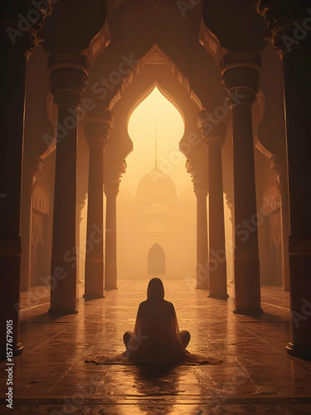Fototapeta Serene meditative moment inside a grand mosque, featuring architecture with pillars and arches bathed in warm golden light.