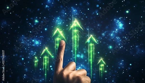 Fototapeta A hand pointing at an upward trending graph with bright green arrows, indicating an increase in stock market prices.