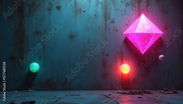 Obraz Neon glowing figures on concrete walls background. Abstract cyberpunk background. AI generative.