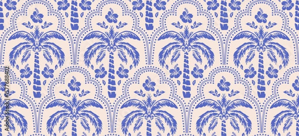 Obraz Hand drawn palm tree damask seamless pattern. Blue hawaiian print, summer holiday background in vintage style. Tropical plant painting. Design for fabric, textile, wallpaper and decoration.