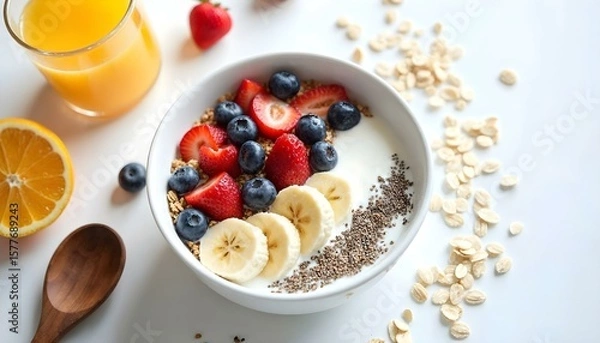 Fototapeta HD top-down photography of a healthy breakfast flat lay: a bowl of granola with fresh berries, sliced banana, chia seeds, and almond milk, surrounded by a glass of orange juice, a wooden spoon, and sc