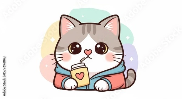 Fototapeta Adorable Kawaii Cat Enjoying a Refreshing Drink with Cute Pastel Background