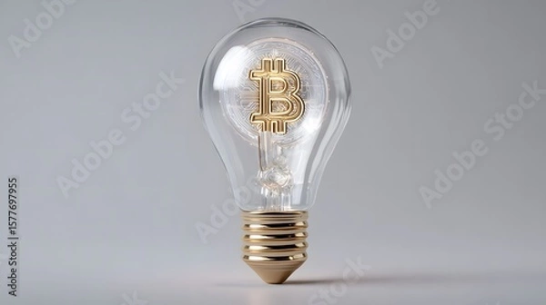 Fototapeta Bitcoin sign inside a light bulb, 3D rendering, highlighted on a gray background