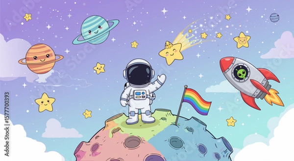 Fototapeta Cartoon astronaut with planets, rainbow flag, and rocketship creates a whimsical space exploration scene against a cosmic backdrop.