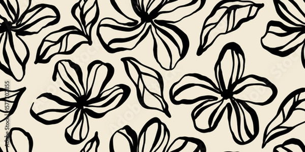 Fototapeta Leaves branch and Hand Drawn doodle Scribble floral plants banner. seamless pattern. Creative minimalist Abstract art background. Design wall decoration, postcard, poster and brochure